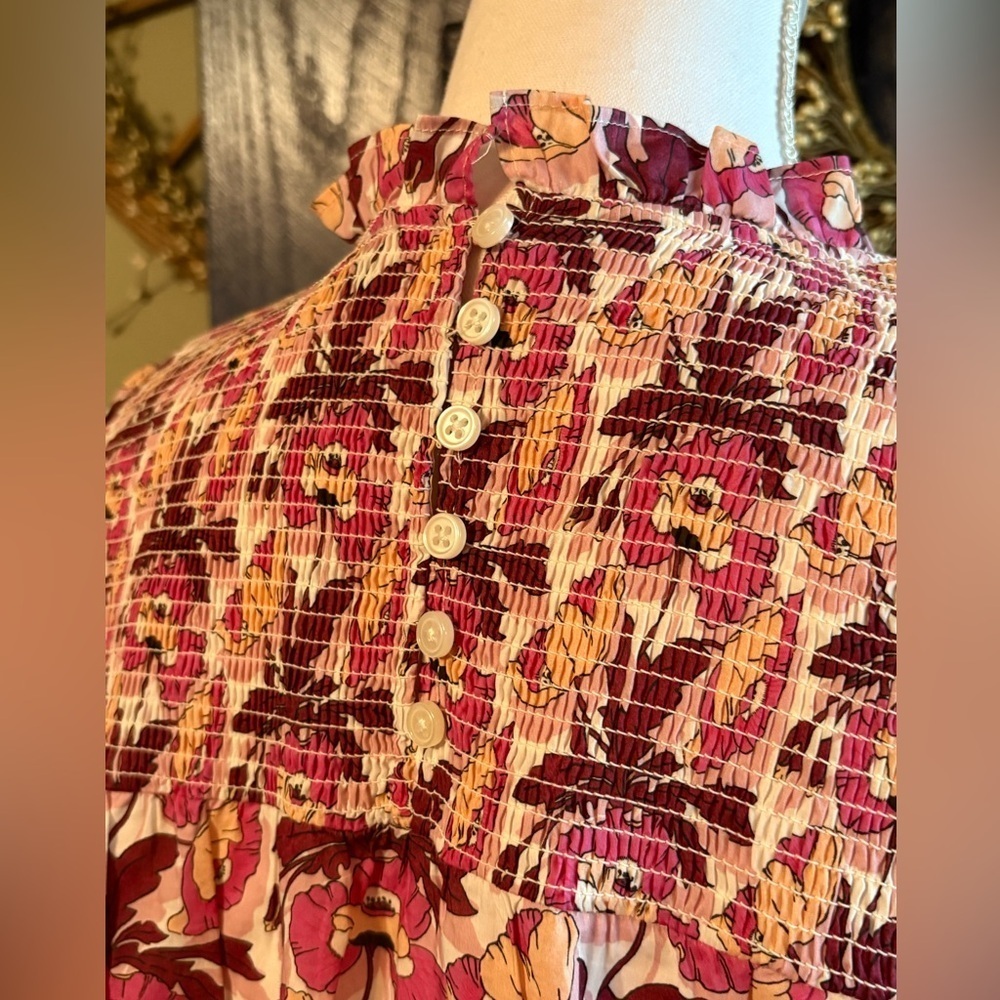 J. Crew Liberty Fabric Pink Floral Smocked Long Sleeve Top Button Back XS - Picture 5 of 11